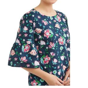 Time and Tru Bell Sleeves Woven Relaxed Fit Top Blue Floral Size M